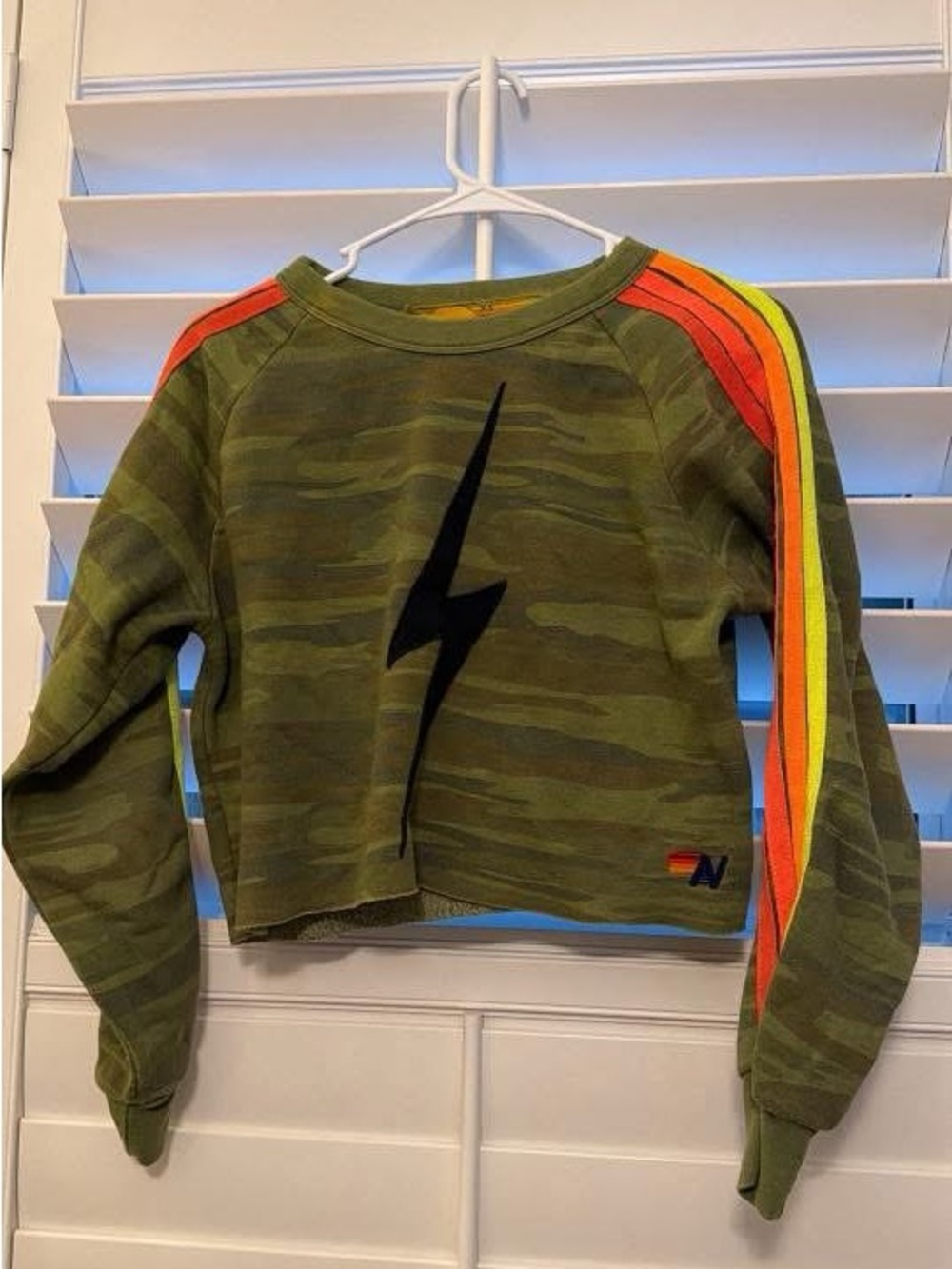 Women’s Aviator Nation Camo Lightning Bolt Sweatshirt with Rainbow Stripe